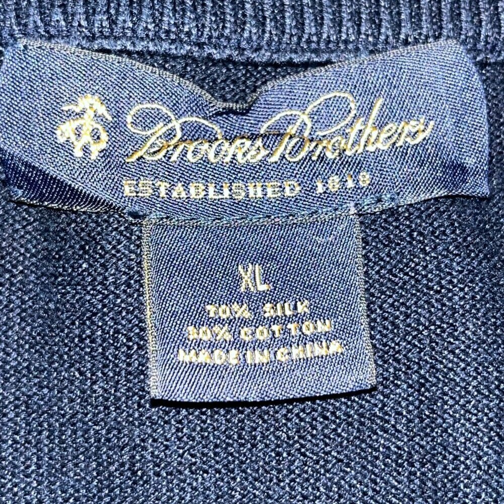 BROOKS BROTHERS Silk Blend Navy Window Pane Business Preppy V-Neck Sweater - XL - Picture 6 of 7